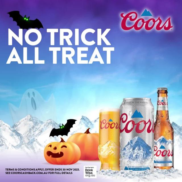 🎃No trick, all treat this Halloween with the Coors Cold Hard Cash Back Promotion!🍻

Get up to $15 cash back when you purchase Coors across the country! Head into your local bar or bottle shop & simply upload your receipt to the link in bio or scan the QR code in your nearest Coors bar to claim your cash. Offer ends Nov 30. Check the link in bio to find out more including your nearest Coors stockist. A spooktacular deal you won't want to miss! #CoorsCashBack